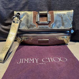 JIMMY CHOO VTG Y2K Distressed Gold Metallic Foldover Clutch w/Buckle Wristlet